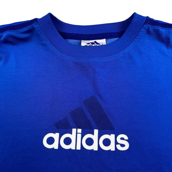 Vintage Adidas Shirt Men XXL Blue 3 Stripes Crewneck Spell Out Graphic Soccer - Picture 2 of 10